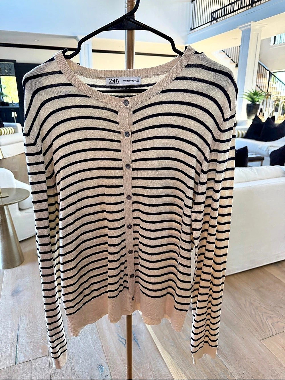 Zara Striped Crew Neck Cardigan in Beige & Navy Size XL